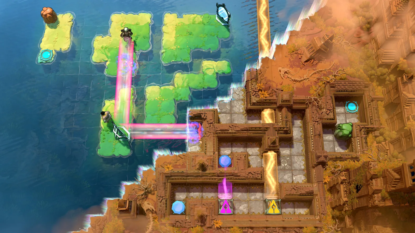 Order of the Sinking Star screenshot of grass islands with light beams next to a sandstone maze